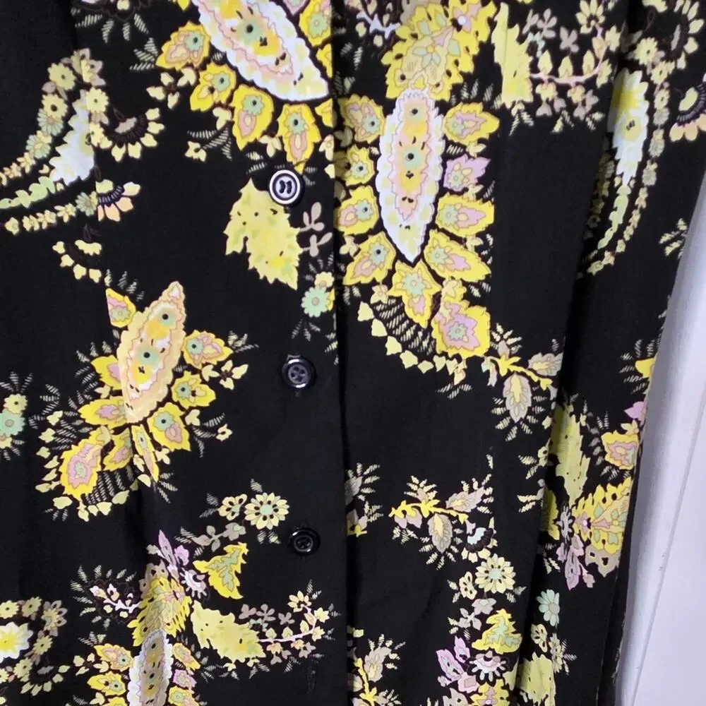 Studio I Petite 12P Black Yellow Paisley Sleeveless Button Front Midi Dress